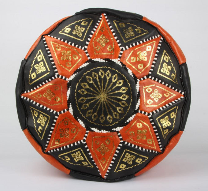 Special Sale: Traditional Black and Orange Moroccan Leather Pouf