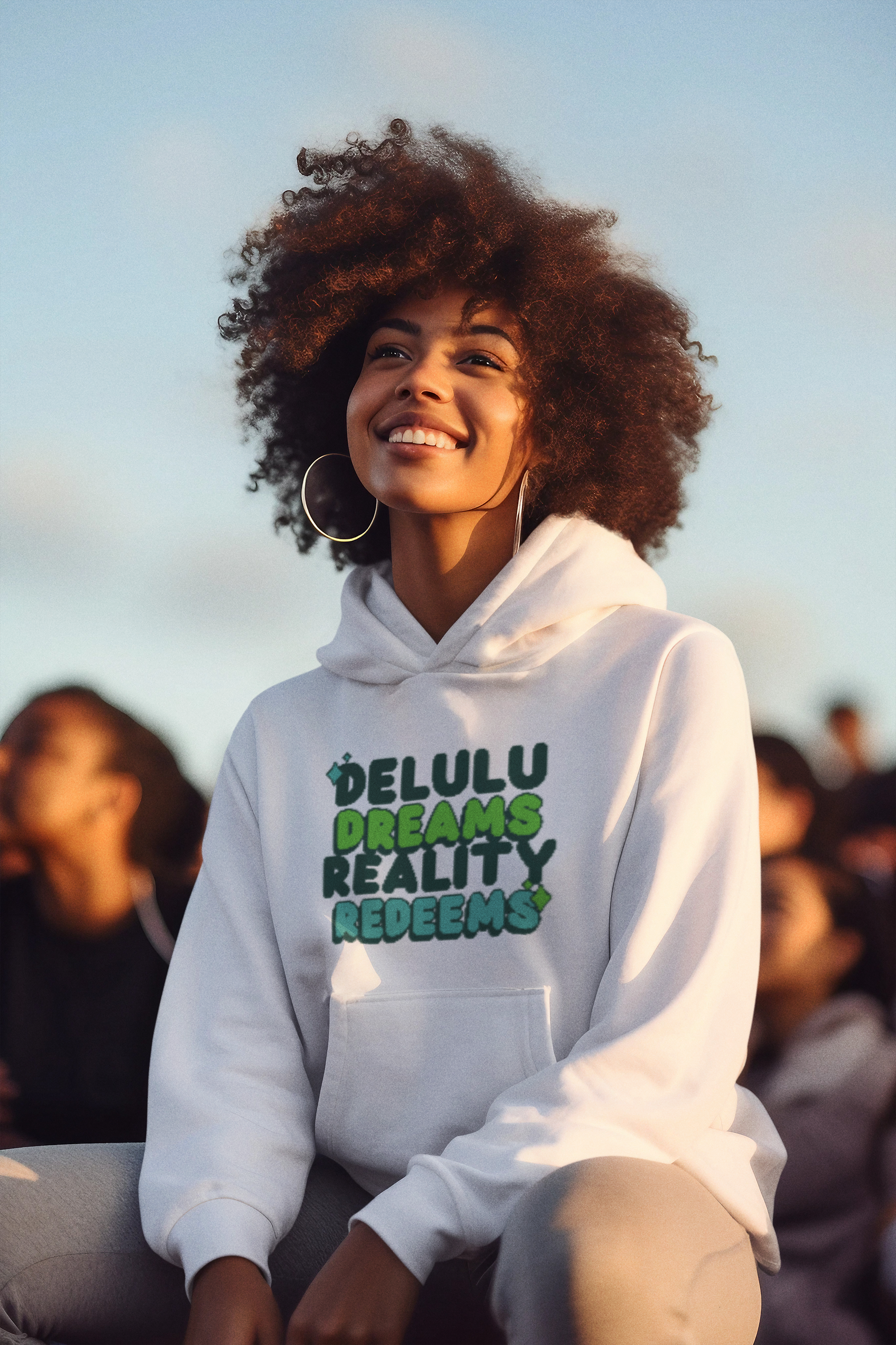 “Delulu Dreams Reality Redeems” Unisex Pullover Hoodie (White)