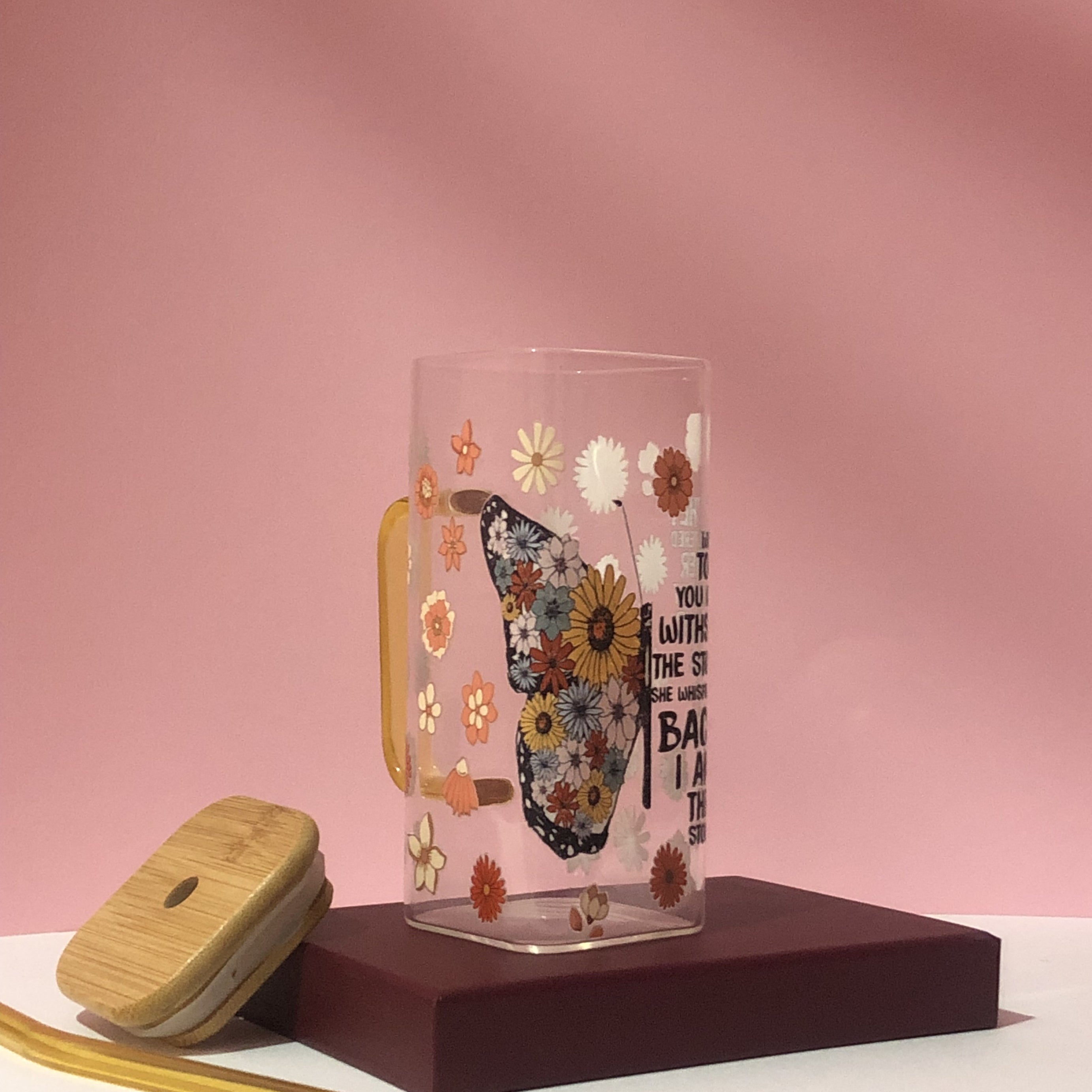 Butterfly Quote 16oz Glass Cup: Bamboo Lid and glass straw included