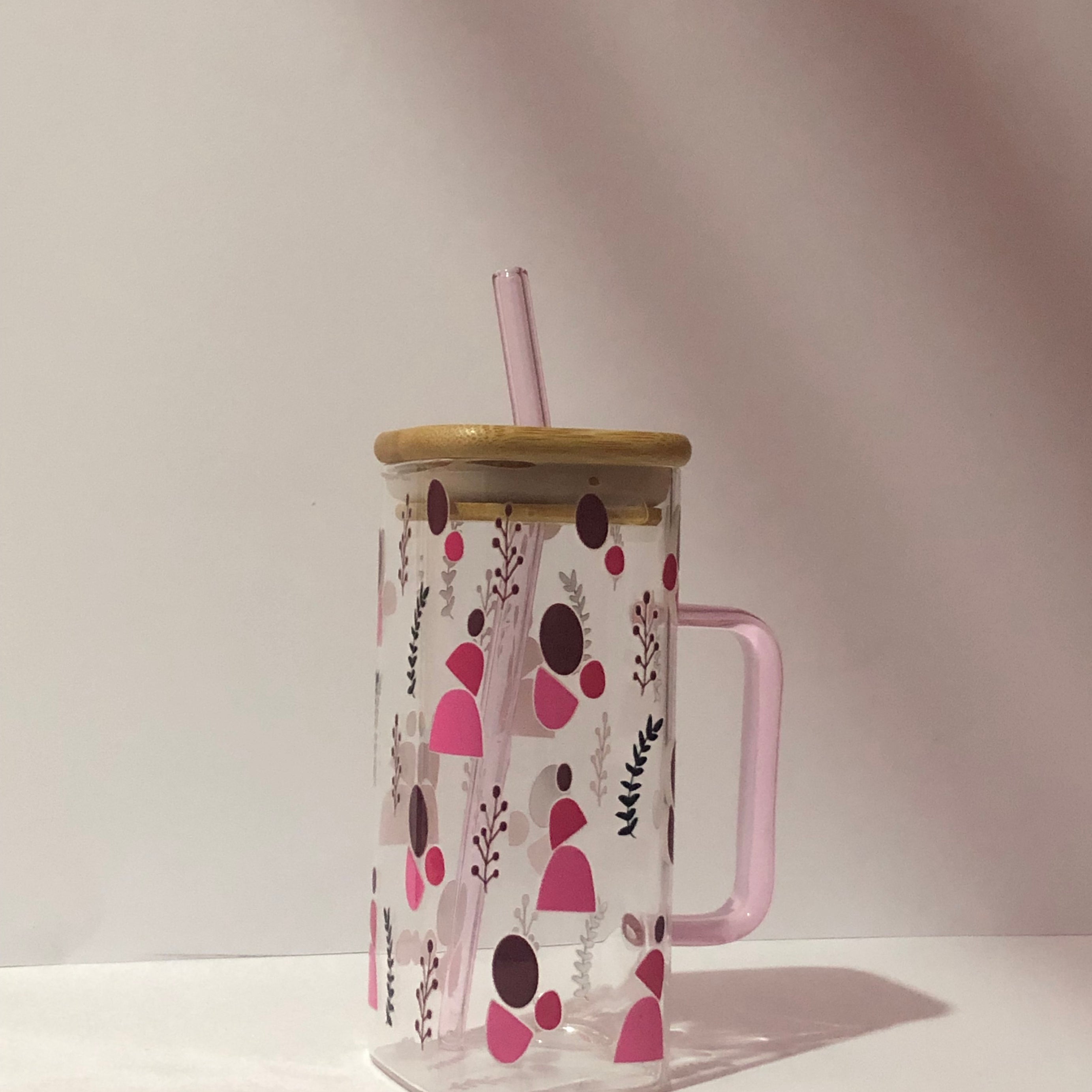 Pink Shapes 16oz Glass Cup: Bamboo Lid and glass straw included - Pink Straw/Grip