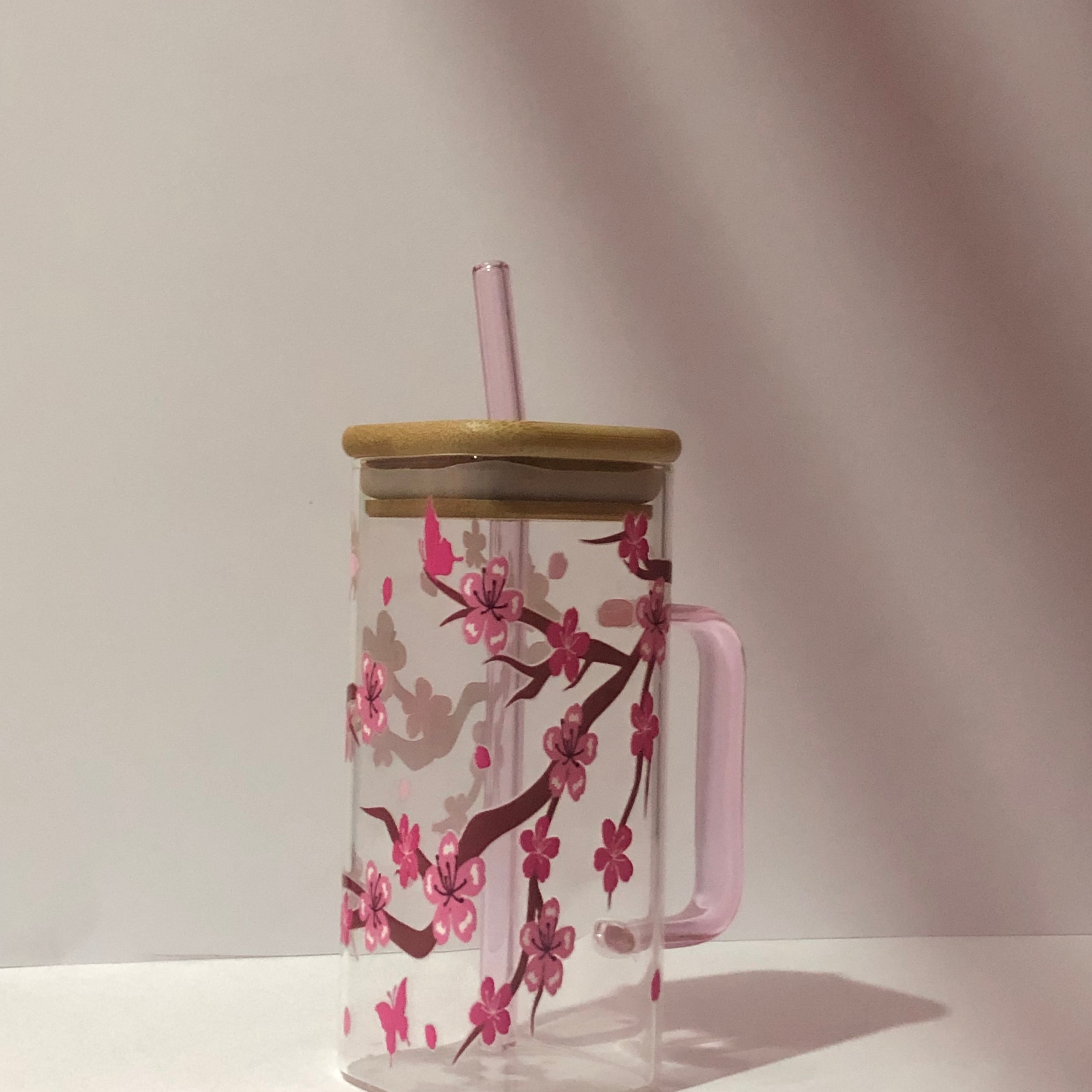 Redbud Tree 16oz Glass Cup: Bamboo Lid and glass straw included - Pink Straw/Grip