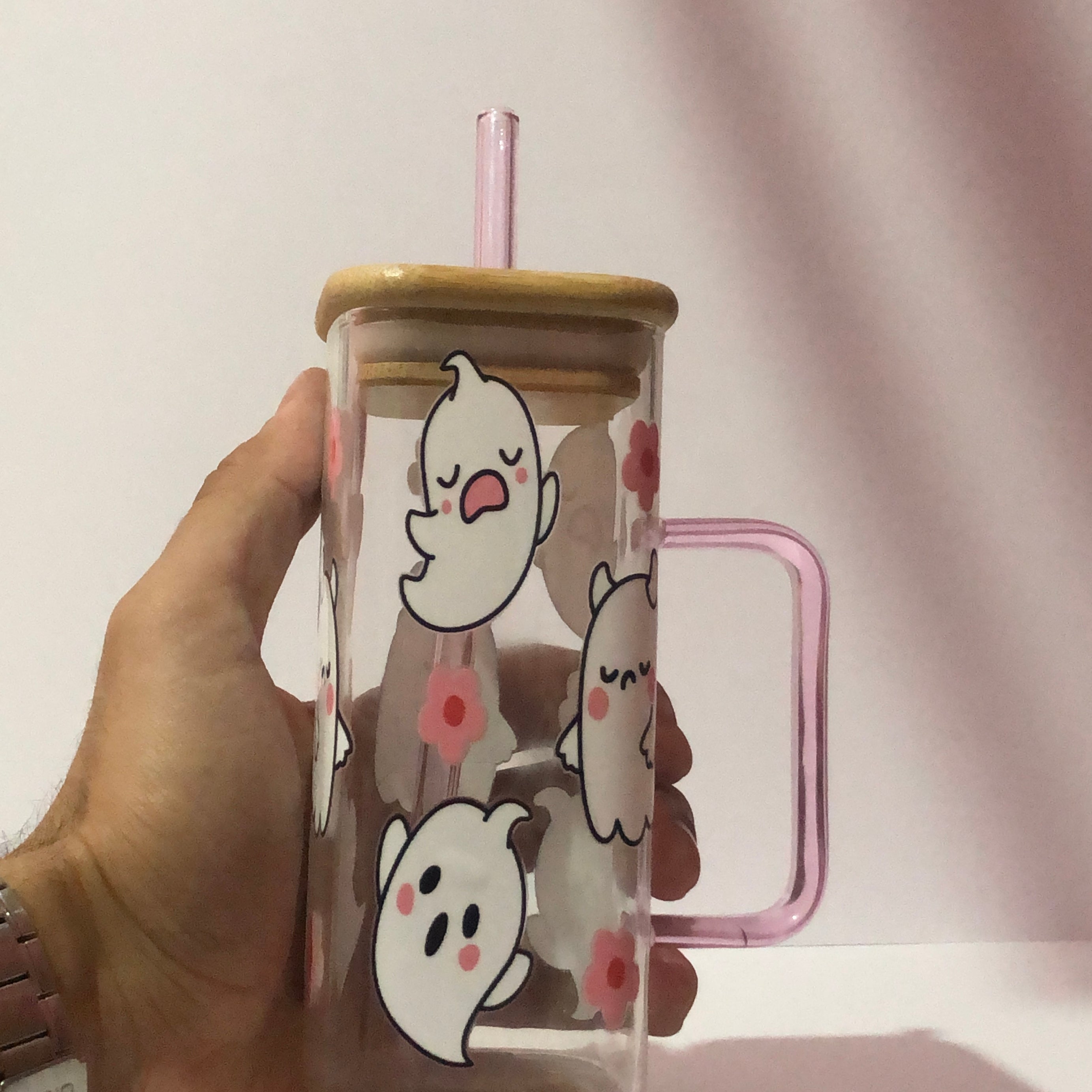 Cute Boo Ghost 16oz Glass Cup: Bamboo Lid and glass straw included - Pink Straw/Grip