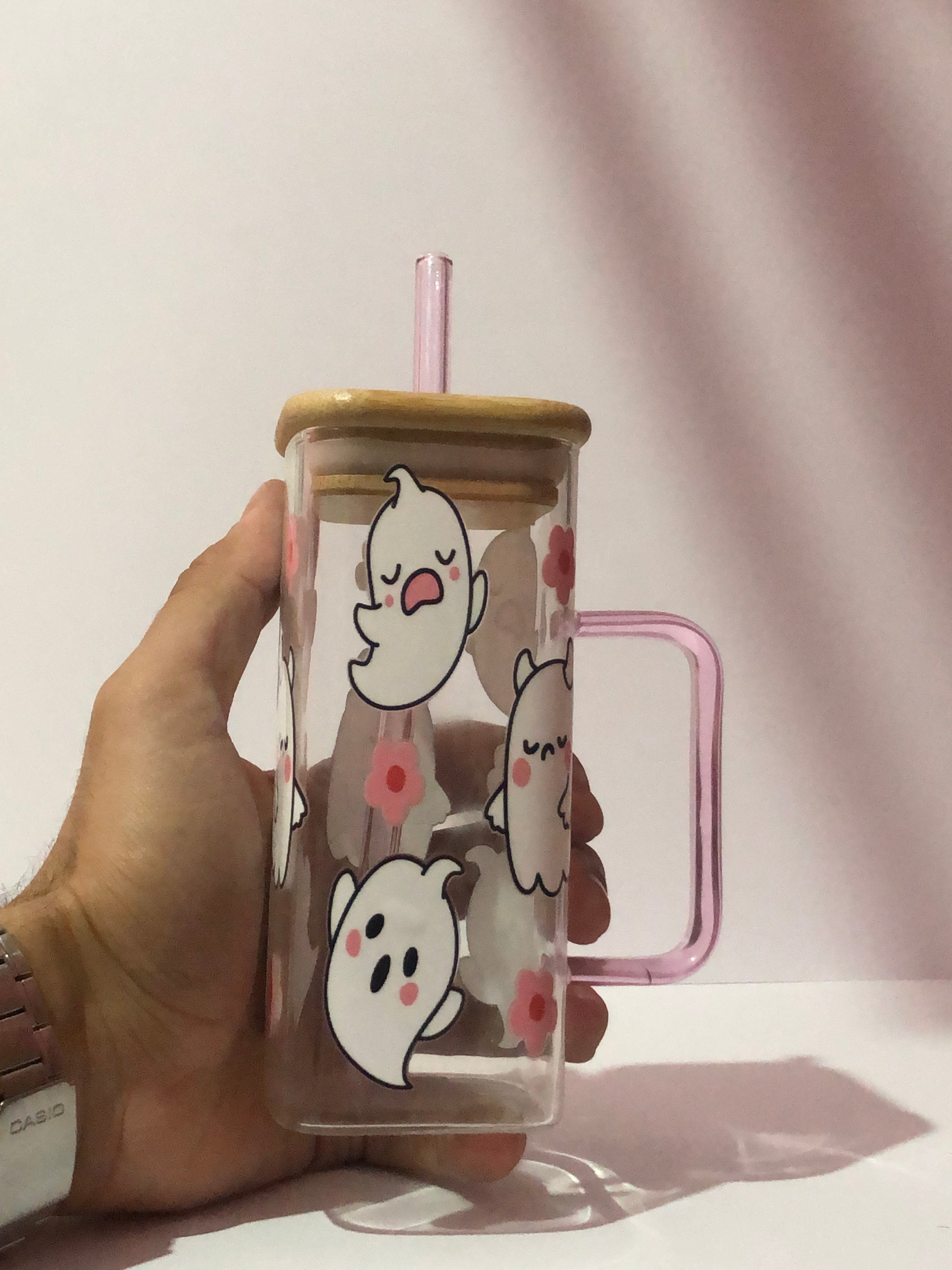 Cute Little Ghost Frosted Glass Can W/ Bamboo Lid 16 Oz Glass Cup