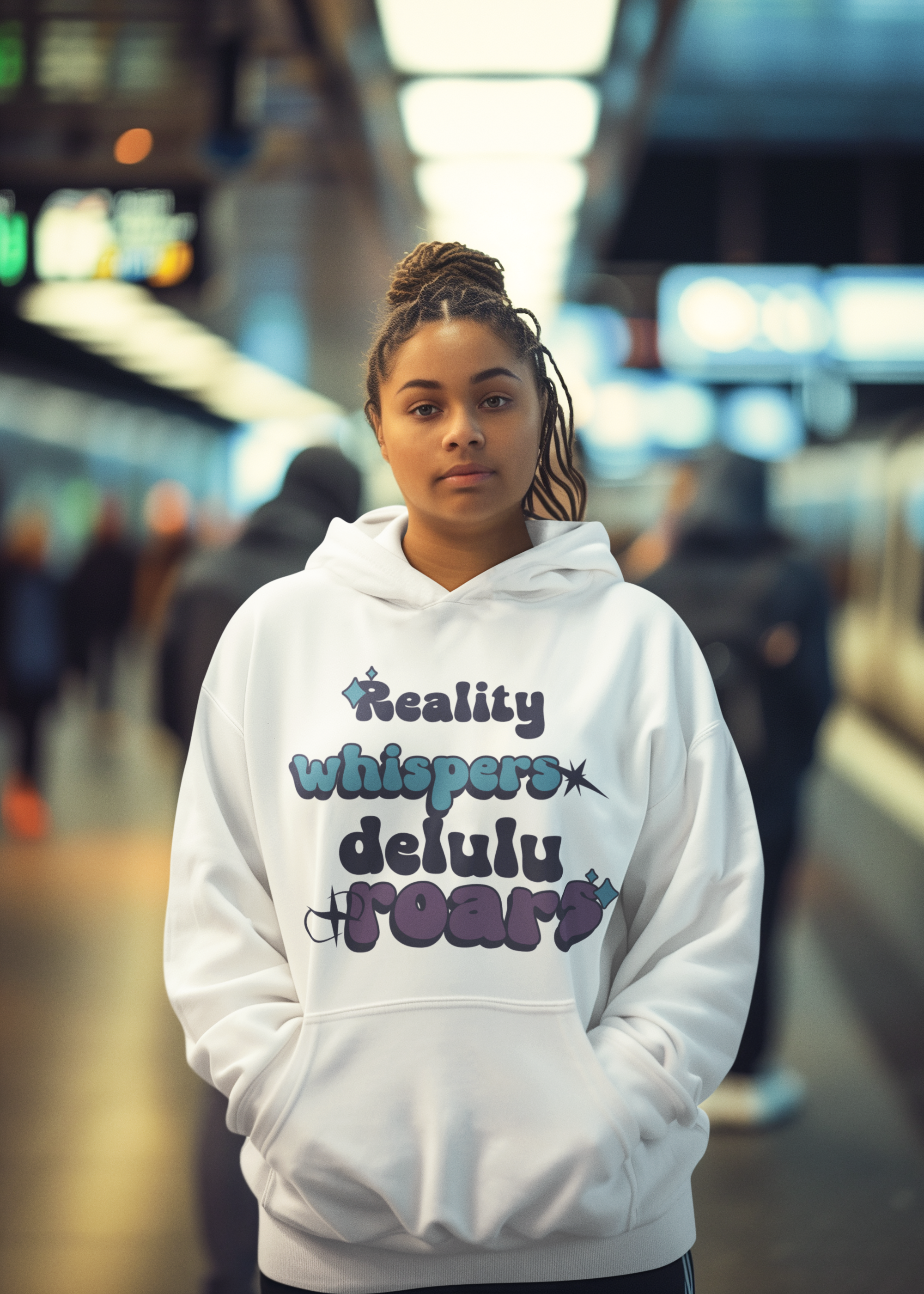 “Reality Whispers Delulu Roars” Unisex Pullover Hoodie (White)